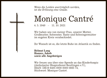 Anzeige von Monique Cantré von Reutlinger General-Anzeiger