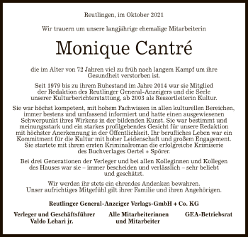 Anzeige von Monique Cantré von Reutlinger General-Anzeiger