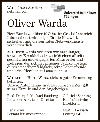 Anzeige von Oliver Warda von Reutlinger General-Anzeiger