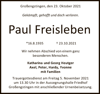 Anzeige von Paul Freisleben von Reutlinger General-Anzeiger