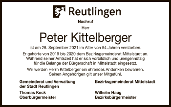 Anzeige von Peter Kittelberger von Reutlinger General-Anzeiger