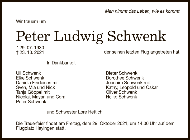  Traueranzeige für Peter Ludwig Schwenk vom 27.10.2021 aus Reutlinger General-Anzeiger