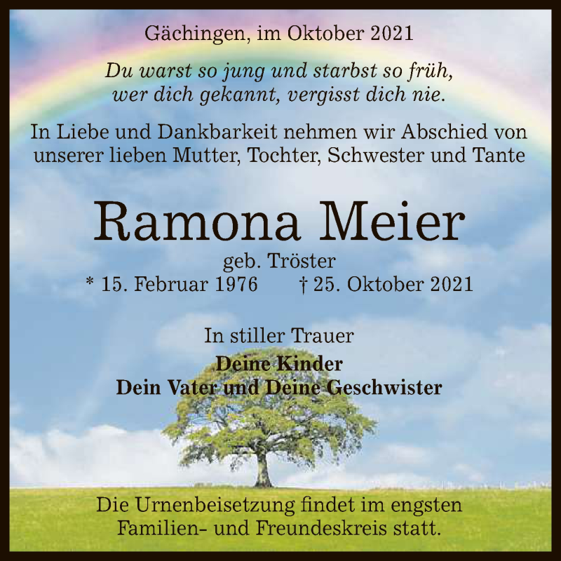  Traueranzeige für Ramona Meier vom 30.10.2021 aus Reutlinger General-Anzeiger