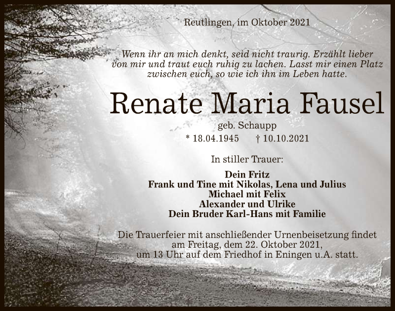  Traueranzeige für Renate Maria Fausel vom 16.10.2021 aus Reutlinger General-Anzeiger