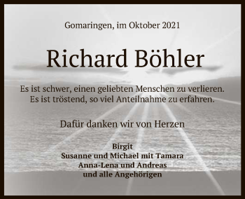 Anzeige von Richard Böhler von Reutlinger General-Anzeiger