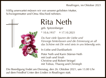 Anzeige von Rita Neth von Reutlinger General-Anzeiger