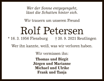 Anzeige von Rolf Petersen von Reutlinger General-Anzeiger