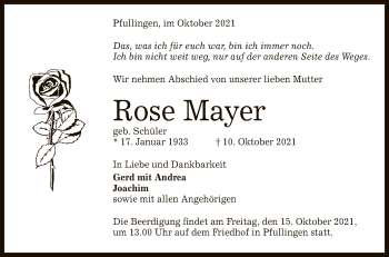 Anzeige von Rose Mayer von Reutlinger General-Anzeiger