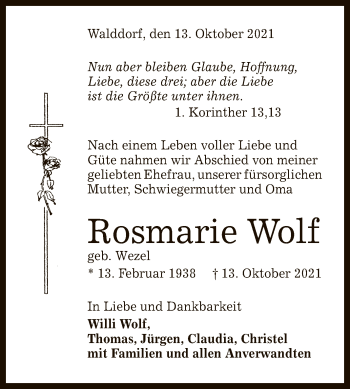 Anzeige von Rosmarie Wolf von Reutlinger General-Anzeiger