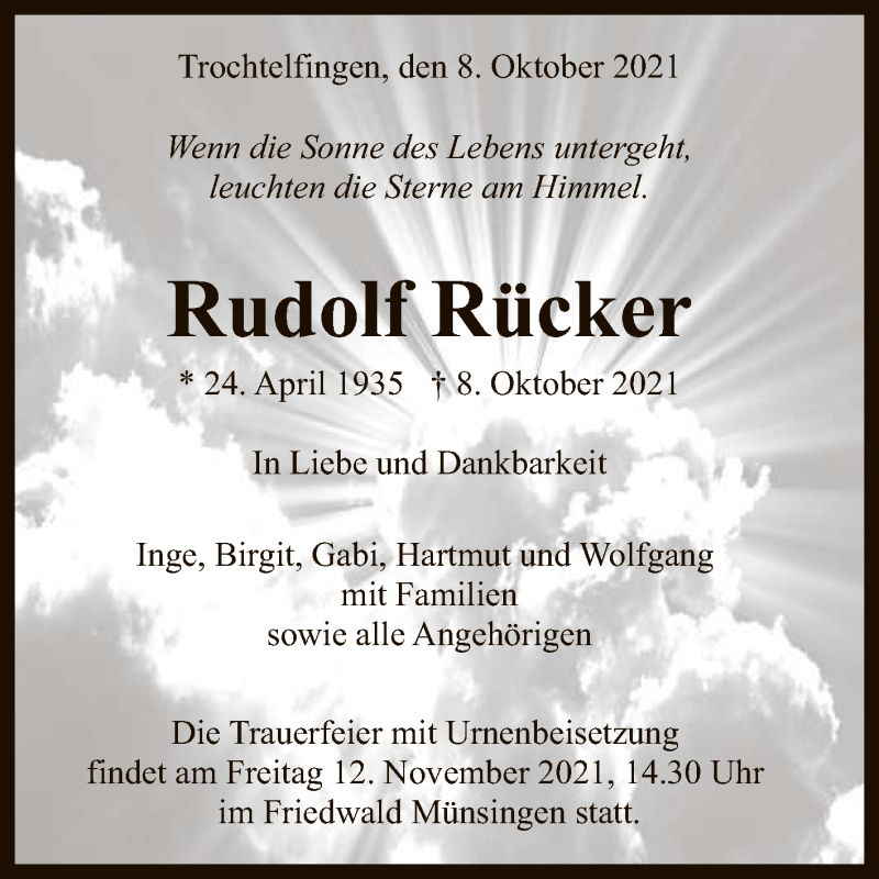  Traueranzeige für Rudolf Rücker vom 22.10.2021 aus Reutlinger General-Anzeiger