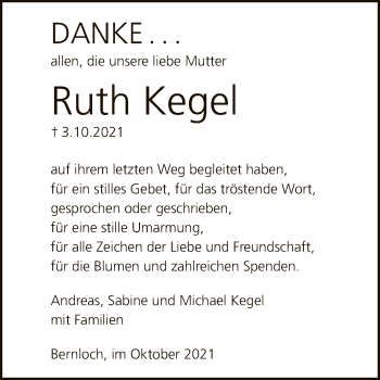 Anzeige von Ruth Kegel von Reutlinger General-Anzeiger