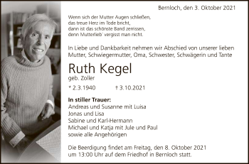 Anzeige von Ruth Kegel von Reutlinger General-Anzeiger