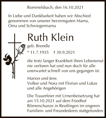 Anzeige von Ruth Klein von Reutlinger General-Anzeiger