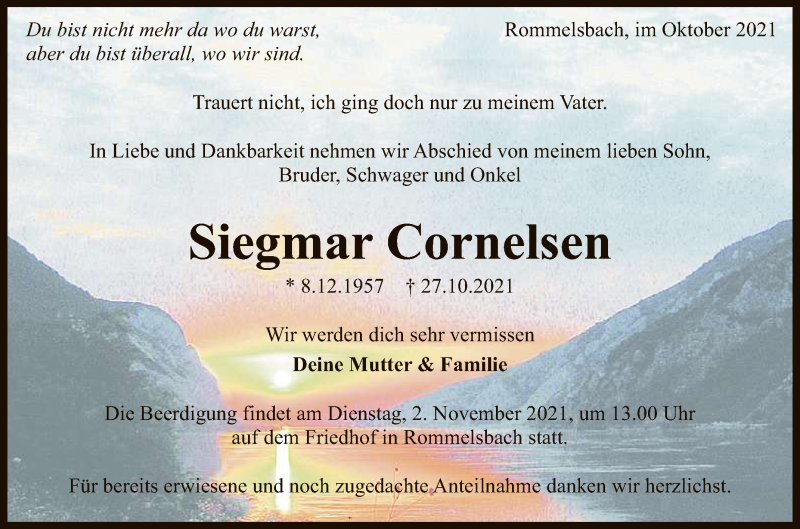  Traueranzeige für Siegmar Cornelsen vom 30.10.2021 aus Reutlinger General-Anzeiger