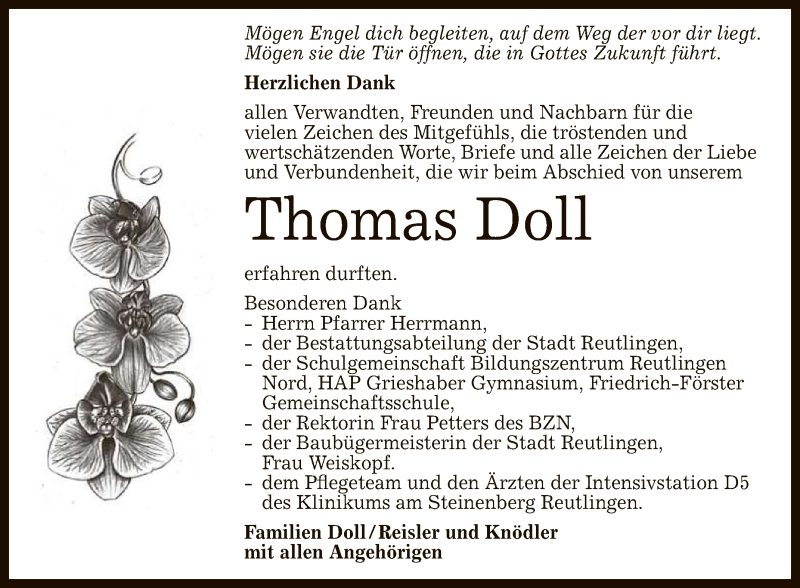  Traueranzeige für Thomas Doll vom 02.10.2021 aus Reutlinger General-Anzeiger