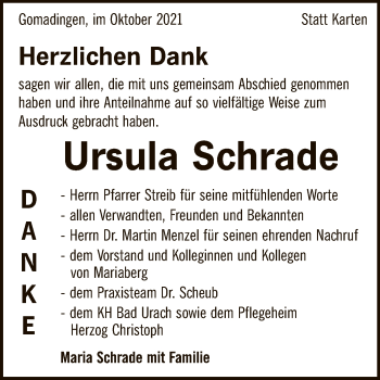 Anzeige von Ursula Schrade von Reutlinger General-Anzeiger