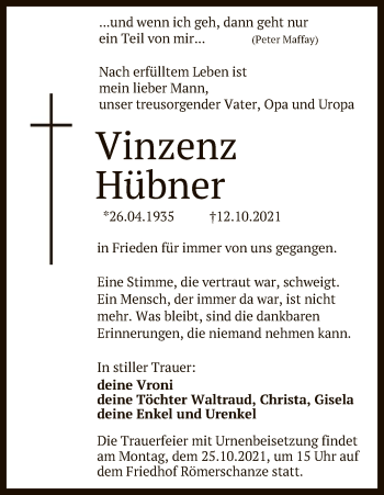 Anzeige von Vinzenz Hübner von Reutlinger General-Anzeiger