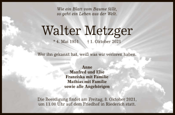 Anzeige von Walter Metzger von Reutlinger General-Anzeiger
