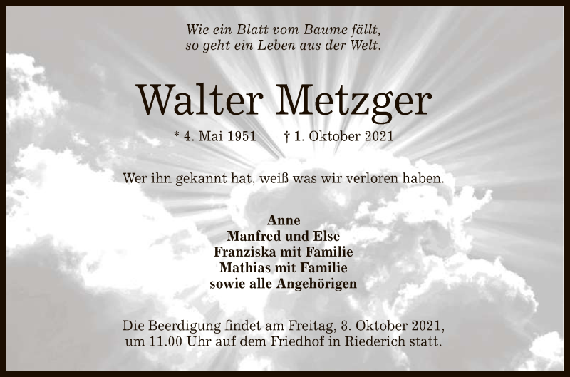  Traueranzeige für Walter Metzger vom 06.10.2021 aus Reutlinger General-Anzeiger