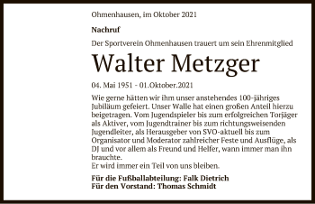Anzeige von Walter Metzger von Reutlinger General-Anzeiger