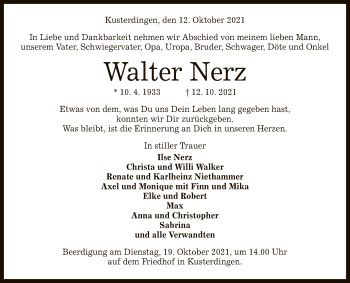 Anzeige von Walter Nerz von Reutlinger General-Anzeiger