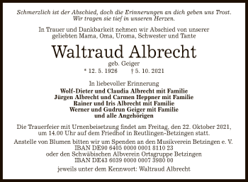 Anzeige von Waltraud Albrecht von Reutlinger General-Anzeiger