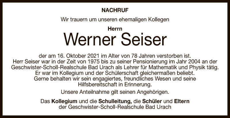  Traueranzeige für Werner Seiser vom 23.10.2021 aus Reutlinger General-Anzeiger