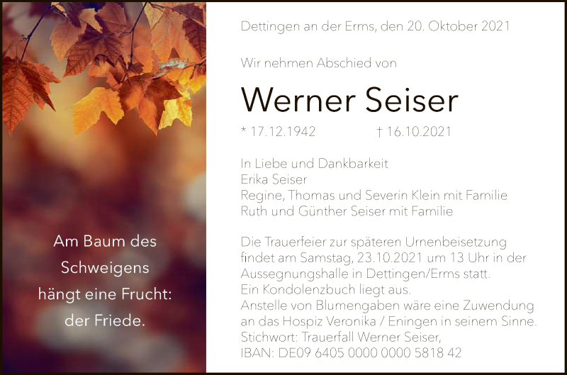  Traueranzeige für Werner Seiser vom 20.10.2021 aus Reutlinger General-Anzeiger