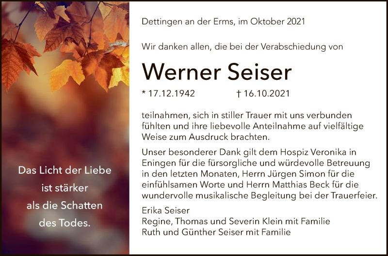  Traueranzeige für Werner Seiser vom 28.10.2021 aus Reutlinger General-Anzeiger
