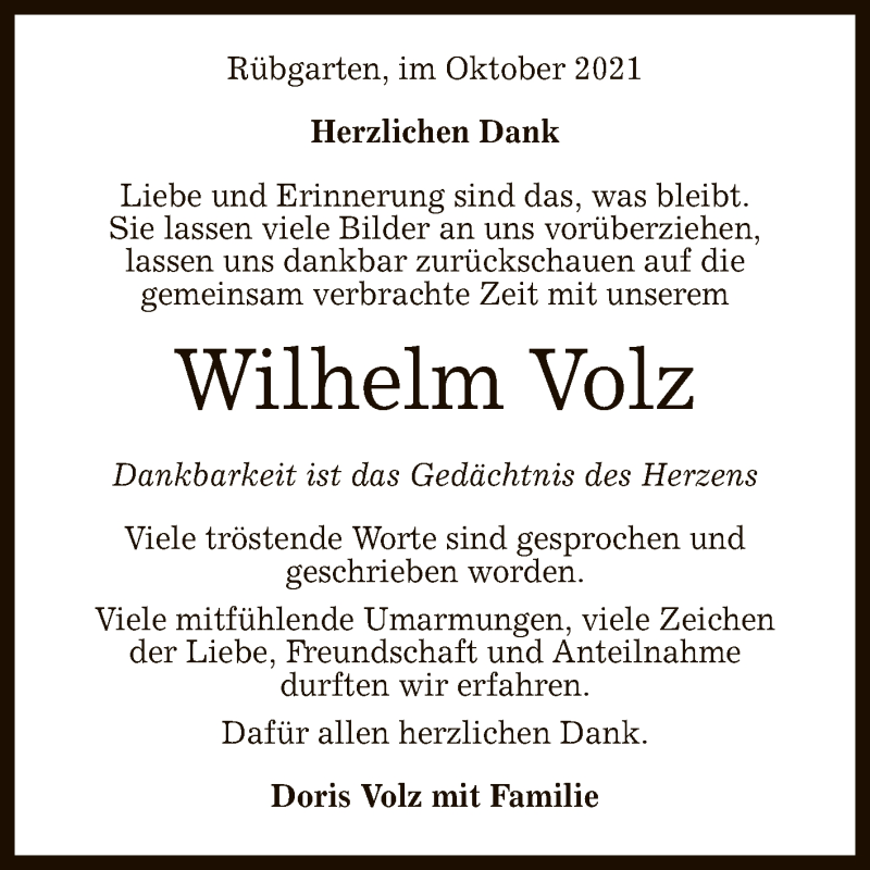  Traueranzeige für Wilhelm Volz vom 22.10.2021 aus Reutlinger General-Anzeiger