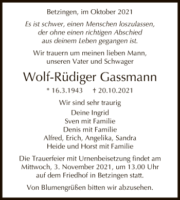 Anzeige von Wolf-Rüdiger Gassmann von Reutlinger General-Anzeiger