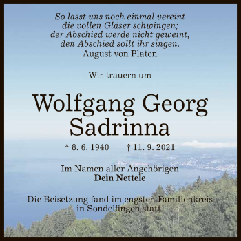 Anzeige von Wolfgang Sadrinna von Reutlinger General-Anzeiger