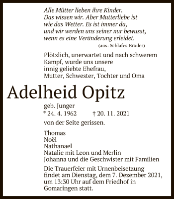 Anzeige von Adelheid Opitz von Reutlinger General-Anzeiger