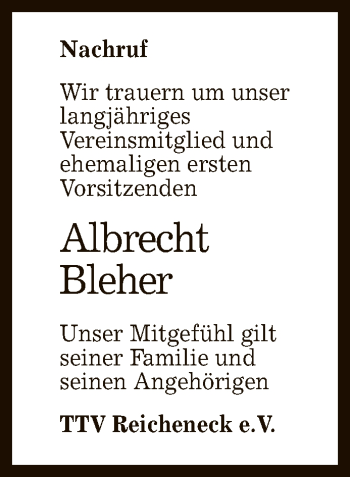 Anzeige von Albrecht Bleher von Reutlinger General-Anzeiger