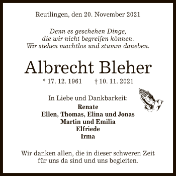 Anzeige von Albrecht Bleher von Reutlinger General-Anzeiger