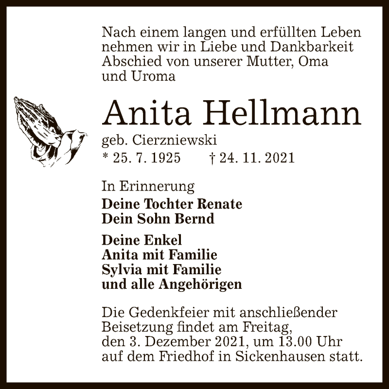  Traueranzeige für Anita Hellmann vom 29.11.2021 aus Reutlinger General-Anzeiger