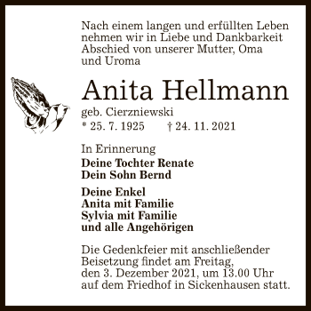 Anzeige von Anita Hellmann von Reutlinger General-Anzeiger