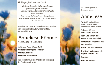 Anzeige von Anneliese Böhmler von Reutlinger General-Anzeiger