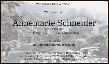 Anzeige von Annemarie Schneider von Reutlinger General-Anzeiger