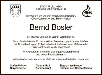 Anzeige von Bernd Bosler von Reutlinger General-Anzeiger