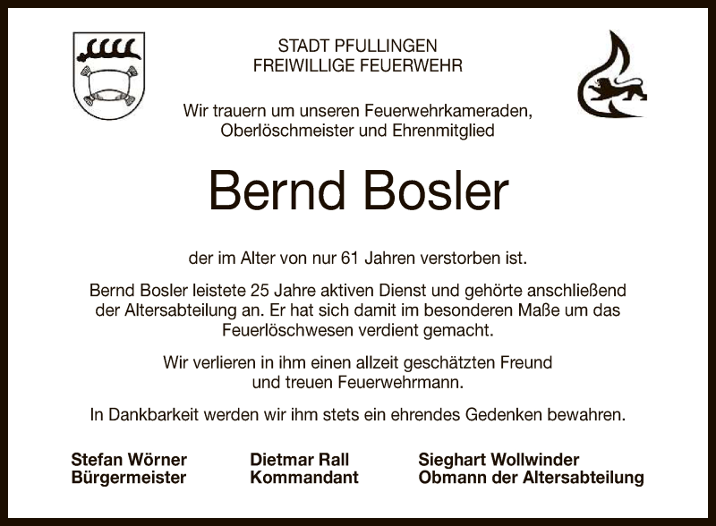  Traueranzeige für Bernd Bosler vom 27.11.2021 aus Reutlinger General-Anzeiger