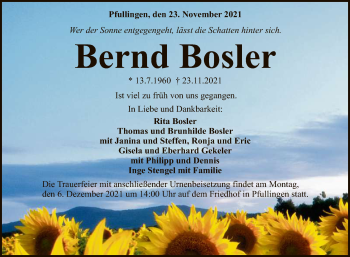 Anzeige von Bernd Bosler von Reutlinger General-Anzeiger