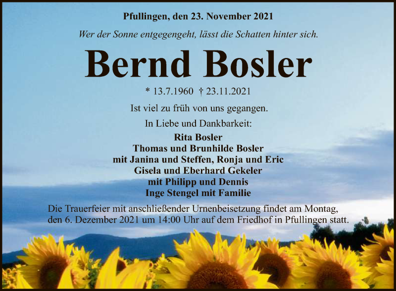  Traueranzeige für Bernd Bosler vom 27.11.2021 aus Reutlinger General-Anzeiger