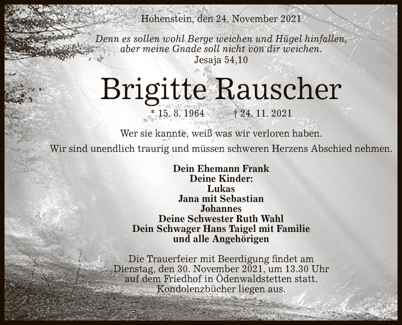  Traueranzeige für Brigitte Rauscher vom 27.11.2021 aus Reutlinger General-Anzeiger