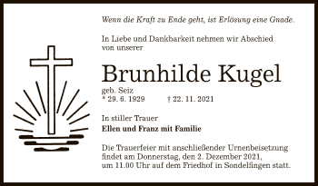 Anzeige von Brunhilde Kugel von Reutlinger General-Anzeiger