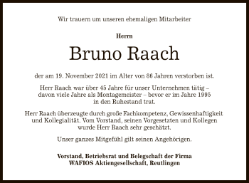 Anzeige von Bruno Raach von Reutlinger General-Anzeiger