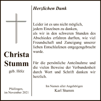 Anzeige von Christa Stumm von Reutlinger General-Anzeiger