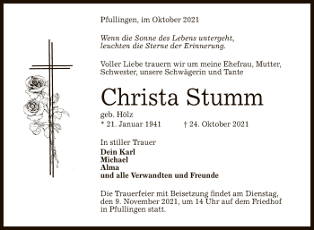 Anzeige von Christa Stumm von Reutlinger General-Anzeiger