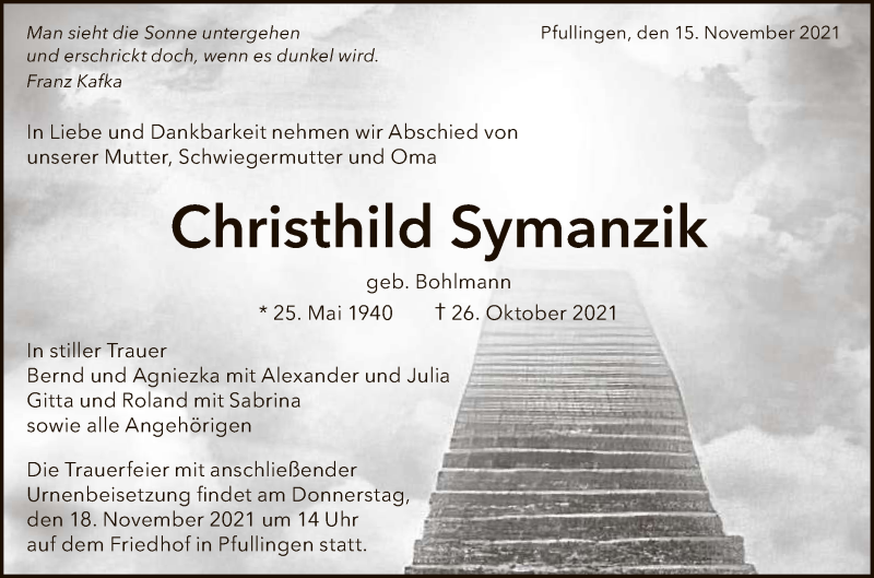  Traueranzeige für Christhild Symanzik vom 15.11.2021 aus Reutlinger General-Anzeiger