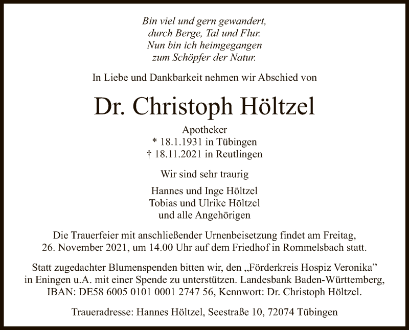  Traueranzeige für Christoph Höltzel vom 23.11.2021 aus Reutlinger General-Anzeiger